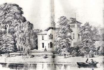 Cauldwell Priory in 1857 seen from the opposite bank of the River